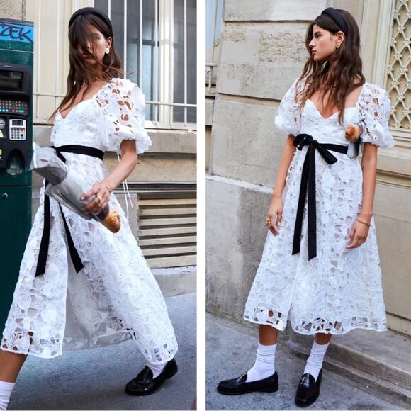 For Love & Lemons Marlene Heart Embroidery Puff Sleeve White Midi Dress Size S - Picture 1 of 11